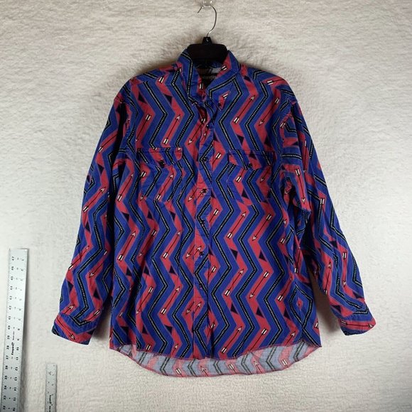 Vintage Wrangler Dress Shirt Men 16.5-35 Blue Zigzag Cowboy Cut Button-Down 8532 - Picture 1 of 7